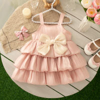 Vestido De Verano Para Bebé Niña Con Lazo Y Diseño De Multicapa Vestido Casual Princesa Con Cuello Halter Sin Mangas Largo De Pierna Poliéster Talla True Fit - details 7