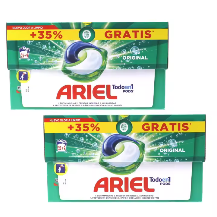 ARIEL All-in-1 Pack de 2 cajas de Detergente 25+9 Pods (68 lavados en total) - El envase puede variar - 1