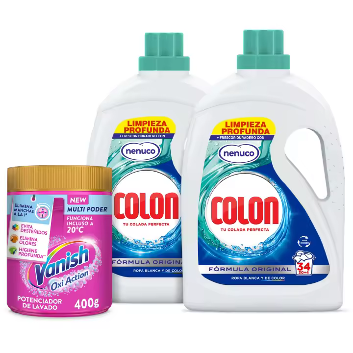 Colon Nenuco Detergente para la lavadora Gel 68 lavados + Vanish Oxi Action Advance Quitamanchas 400g Polvo Pink Ropa Color - 1