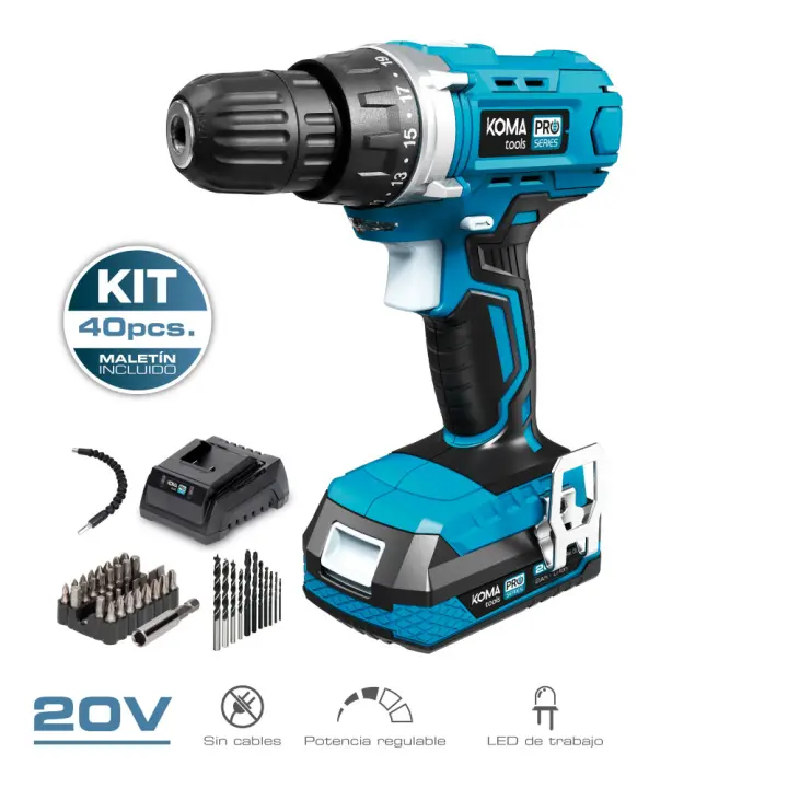 Kit Taladro Atornillador Koma Tools con 40 Accesorios 20v Batería y Cargador - 1