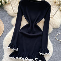 Nuevo Abrigo De Otoño Para Mujer Con Mangas Flare Y Cuello Redondo Dress De Patchwork Colorido Con Volantes Slim Mini Para Fiesta - details 7
