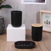 Porta Cepillo De Dientes Negro De Plástico Con Tapa De Bambú Dispensador De Loción Caja De Jabón Accesorios De Baño - details 4