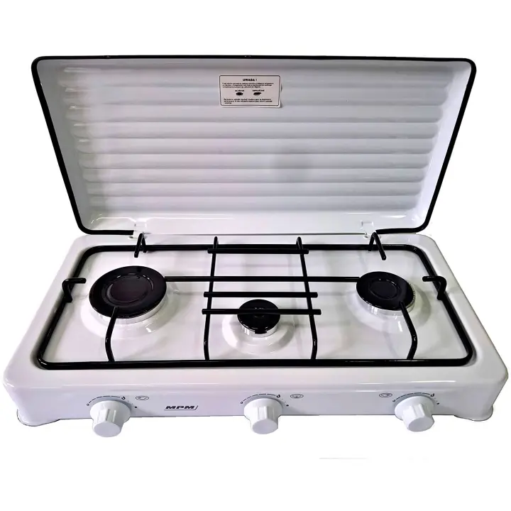 MPM KN-03/1K Cocina Gas Portátil Camping, 3 Quemadores, Rejilla Esmaltada, Tapa Protectora, Normativa G30-37 mbar, , Blanco - 1