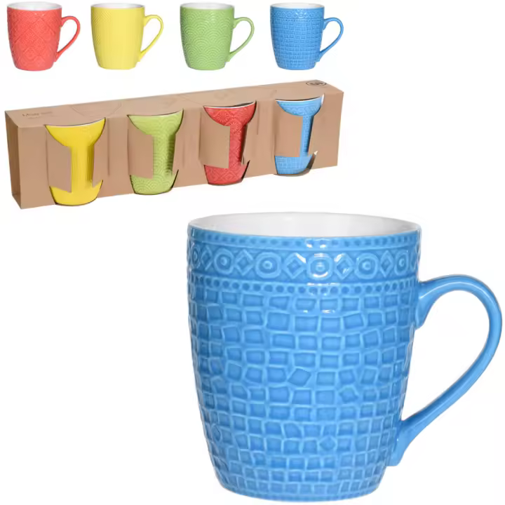 Excellent Tazas Mug Texturas 380ml 4 Piezas - Vasos con Asas - Apta para Lavavajillas y Microondas - 1