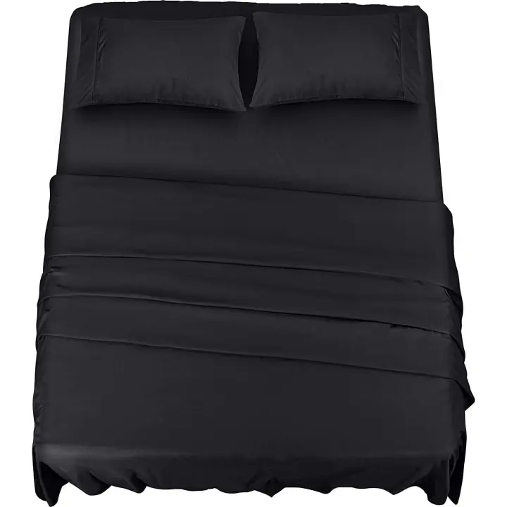 Juego de Cama de 4 Piezas 150x200 Sábana de Microfibra Poliéster Sábana Encimera Y 2 Fundas de Almohada Negro - 1