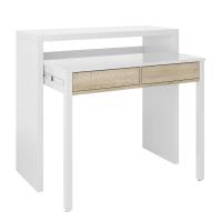 Meimon Mesa auxiliar extensible con 2 cajones en Blanco Ark, sistema PUSH, ruedas y patas MDF, fabricada en tablero de partículas melaminizado E1 con guías metálicas, cantos PVC y acabado blanco; medidas cerrada 87,5x98,5x36 cm y abierta 87,5x98,5x66 cm - details 1