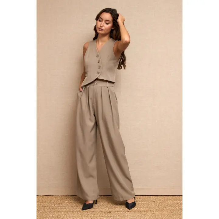 SOLO VENTA PANTALÓN - CONJUNTO BEIGE ASIME CHALECO Y PANTALÓN- Solo venta pantalón, pinza, corte ancho, línea curva, bolsillos, gris, pantalón, elastano, poliester, polyester, sin mangas, botones, asimétrico, oficina, moda mujer, otoño, invierno - 1
