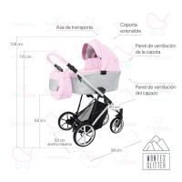 Carrito Montes Rosa Plata Glitter 2 piezas AdaBaby, Dos piezas: capazo y silleta, Bolso, cobertura de lluvia, mosquitera, botellero y cubrepiés, Silleta hasta 22kg, plegable con el chasis en ambos sentidos, Tejidos de ecopiel y capotas de brillo - details 0