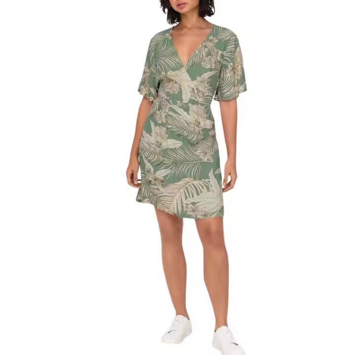 Only ONLPALINA LIFE 2/4 WRAP DRESS Ptmhedge G - Verde - Manga Corta - Ajustable en la Cintura - 1