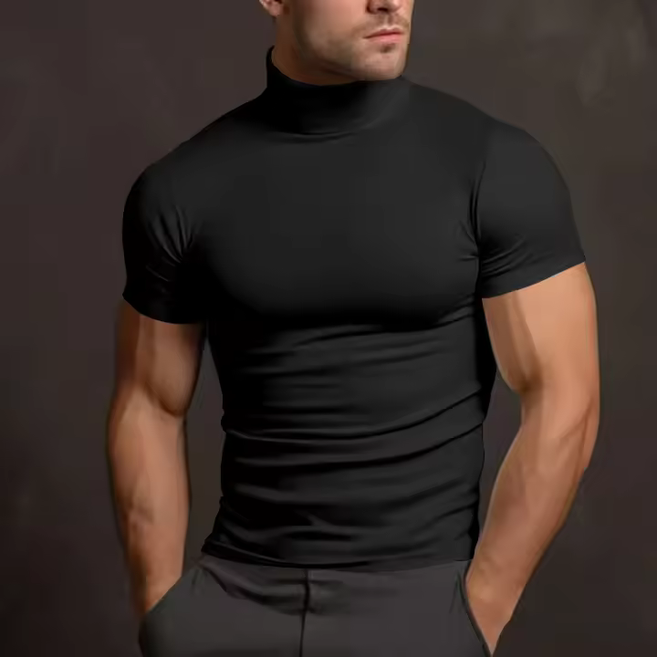 Camiseta De Verano Para Hombre Con Cuello Alto Y Manga Corta En Color Sólido T-Shirt De Moda Ajustada Transpirable Y Ligera Para Primavera Y Otoño - 1