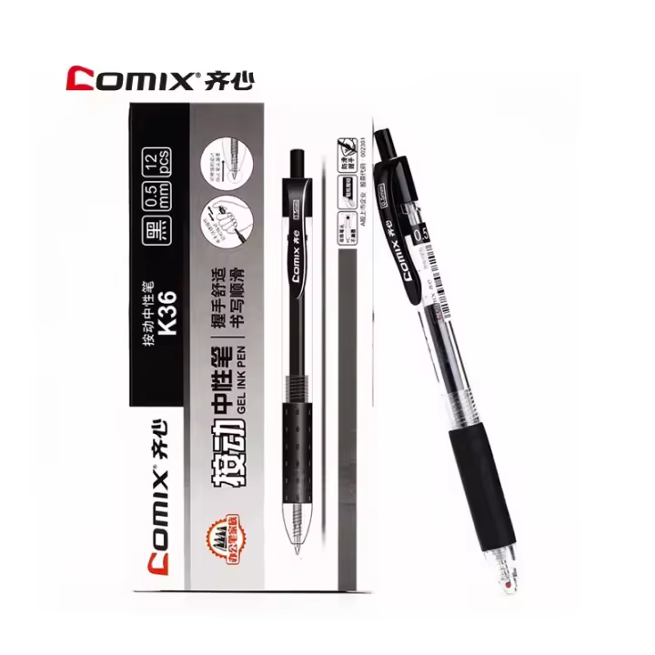 12pcs/Box Bolígrafos De Tinta Gel Comix Negros Con Punta De Bala Retráctiles 0.5mm Suministros Escolares Y De Oficina Escribiendo Suave - 1