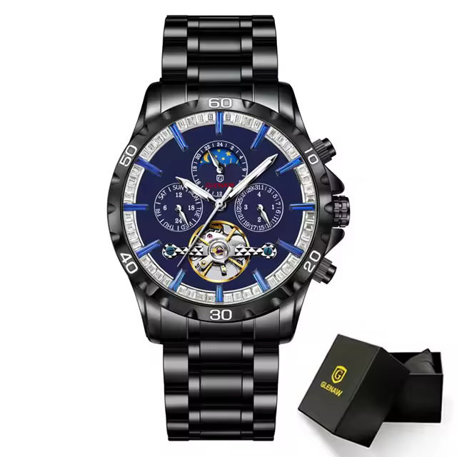 Reloj De Pulsera Mecánico Para Hombre GLENAW Calendario Completo Fase De La Luna Acero Inoxidable Luminoso Negro Resistente Al Choque Y a Agua Caja De Cuero - 1