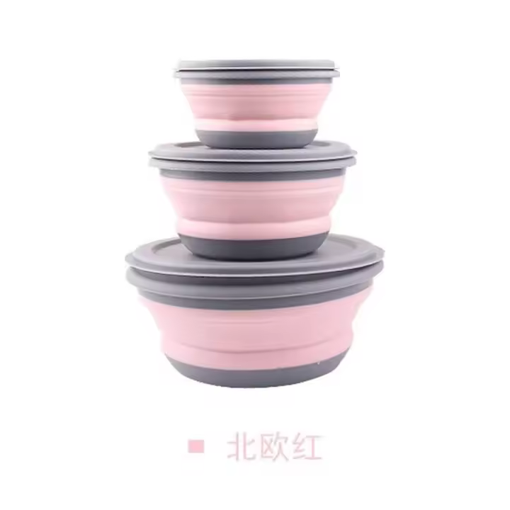 Juego De 3 Piezas De Caja De Almuerzo Plegable En Silicona Taza De Ensalada Plegable Con Tapa Contenedor De Alimentos Para Camping Y Exteriores - 1
