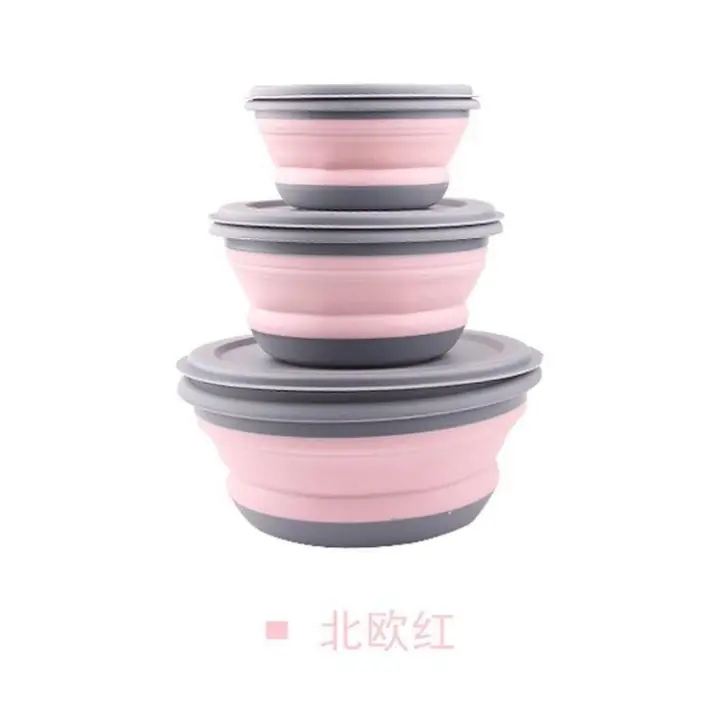 Juego De 3 Piezas De Caja De Almuerzo Plegable En Silicona Taza De Ensalada Plegable Con Tapa Contenedor De Alimentos Para Camping Y Exteriores - 1