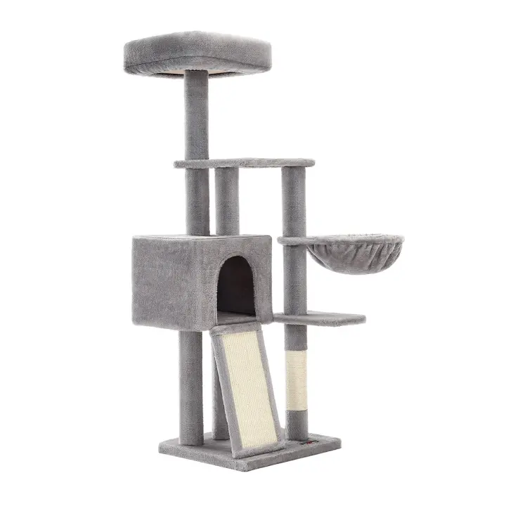 Árbol para gatos pequeños de 135 cm, rascador de felpa multinivel con cubierta lavable, cesta y cueva en gris claro - 1