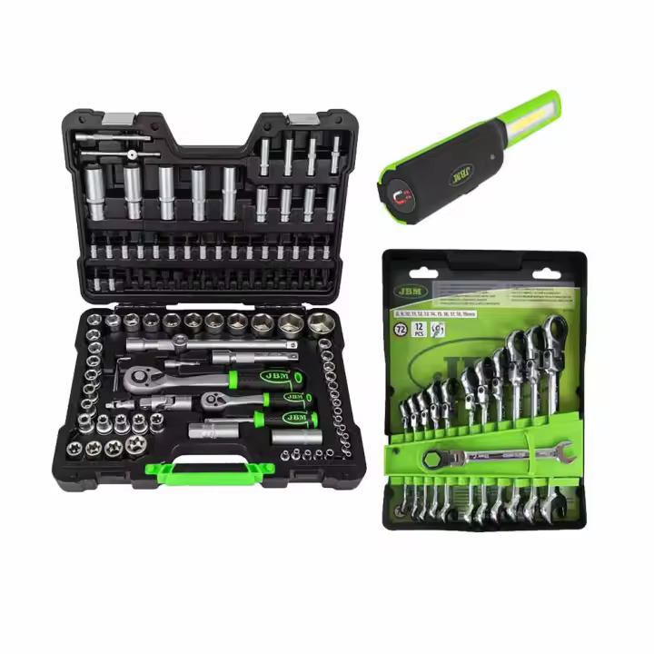 JBM - Kit de Herramientas Mecánicas Profesional 108 Piezas - Vasos Hexagonales Cincado + 12 Llaves Combinadas Articuladas - Fluorescente de Taller Doble Tubo - 1
