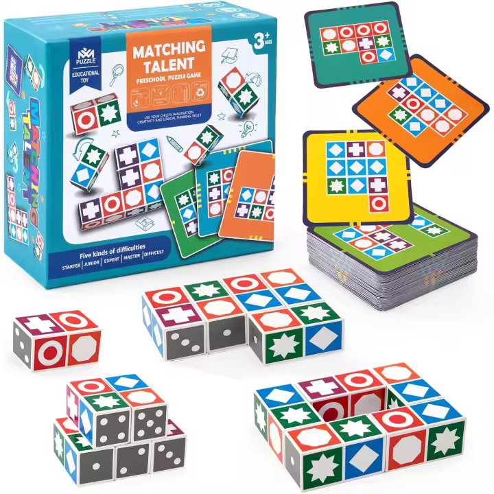 Juego de rompecabezas de madera, rompecabezas de bloques de construcción de madera, juegos de mesa con 20 cubos y 60 tarjetas, juguete educativo Montessori para adultos y niños mayores de 3 años. - 1