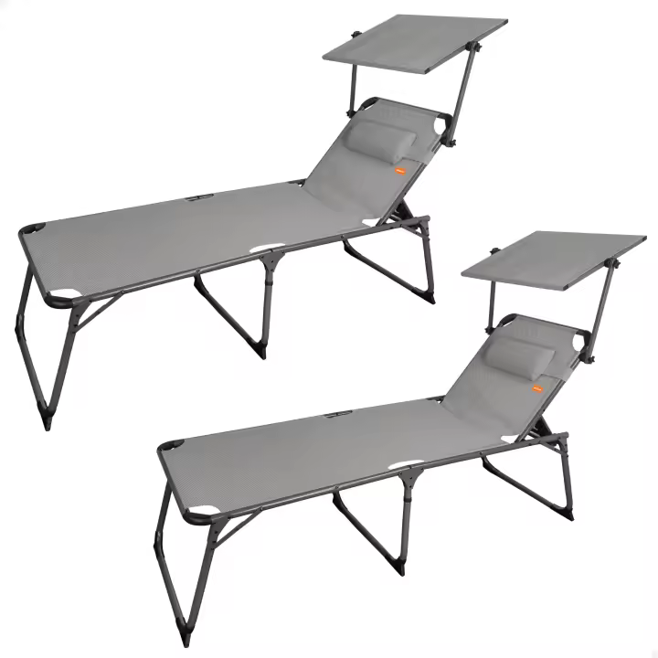 Aktive - Pack 2 tumbonas plegables, asiento XL, gris, 193x67x48/96 cm,  reclinable 5 posiciones, topes antivuelco, peso máximo soportado 100 kg, incluye parasol regulable, cojín acolchado, estructura aluminio, tejido textileno, tumbona plegable para playa - 1
