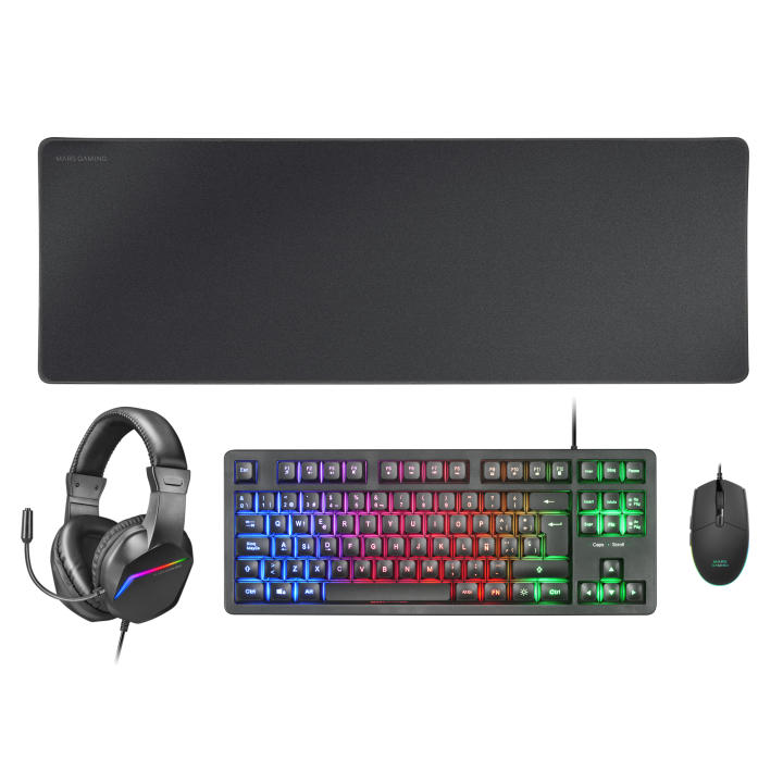 Mars Gaming MCP-RGB3, Pack Gaming Teclado Fixed RGB + Ratón Gaming RGB Flow 3200 DPI + Auriculares Over-Ear RGB + Alfombrilla XXL, Combo Gaming en Negro, Rosa o Blanco y con Idioma Español, Francés o Portugués