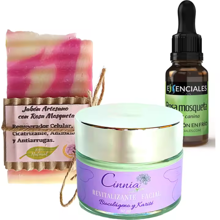 Pack Belleza Antiarrugas con Crema Facial Biocolágeno, Aceite puro de Rosa Mosqueta y Jabón Artesano de Rosa M. PumarShop Cinnia Natura - 1