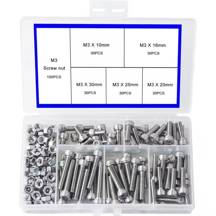 Tornillos y tuercas para máquina con cabeza hueca hexagonal de acero inoxidable M3 304 (perno de 150 piezas, tuerca de 150 piezas) - 1