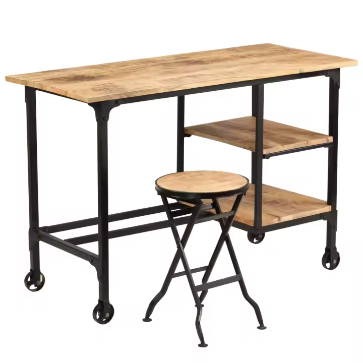 vidaXL Escritorio y taburete plegable madera maciza mango 115x50x76 - 1