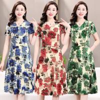 Vestido Midi Vintage De Verano Para Mujer Con Cuello En V Y Estampado Casual A-Line Manga Corta Cintura Ajustada - details 21