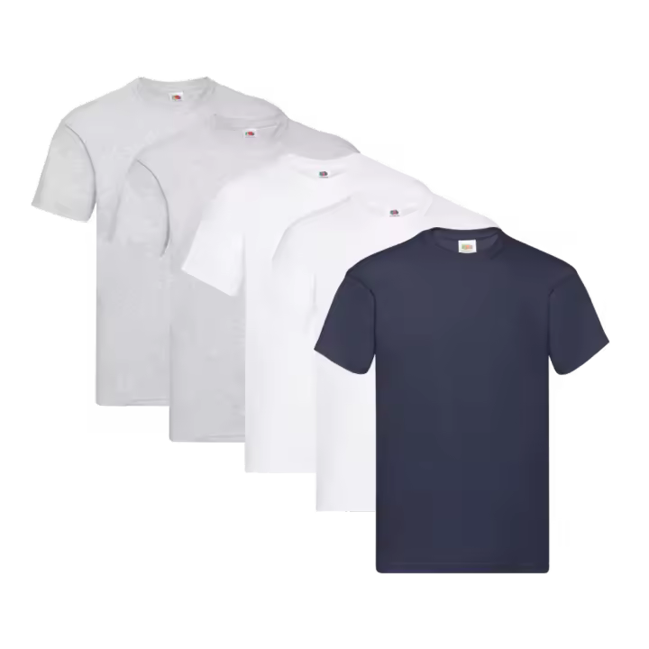 Fruit of the Loom Original - Camiseta Manga Corta para Hombre (Pack de 5 unidades) - 2 Gris Jaspeado / 2 Blanco / 1 Azul Intenso - 1