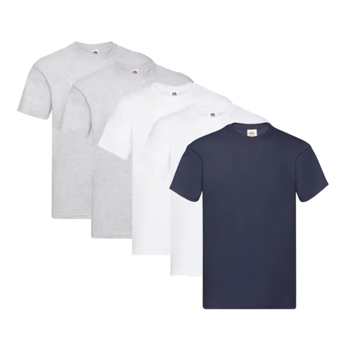 Fruit of the Loom Original - Camiseta Manga Corta para Hombre (Pack de 5 unidades) - 2 Gris Jaspeado / 2 Blanco / 1 Azul Intenso - 1