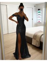Vestido De Fiesta Casual Largo Con Abertura Y Lentejuelas Estilo Europeo Y Estadounidense Para Mujer Vestido Halter Sin Costuras De Verano Y Otoño - details 5