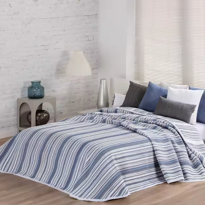 Manterol - Colcha cubrecama jacquard reversible rayas colores azul, naranja y cobre. Tejido en nuestros telares con la mayor calidad. Ideal para primavera, verano y entretiempo. Tejido duradero y antideslizante. - 1