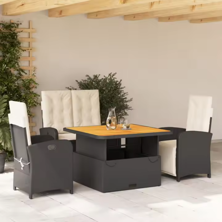 vidaXL Juego comedor jardín 4 piezas con cojines ratán sintético negro - 1
