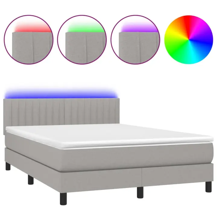 vidaXL Cama box spring colchón y luces LED tela gris claro 140x190 cm - 1