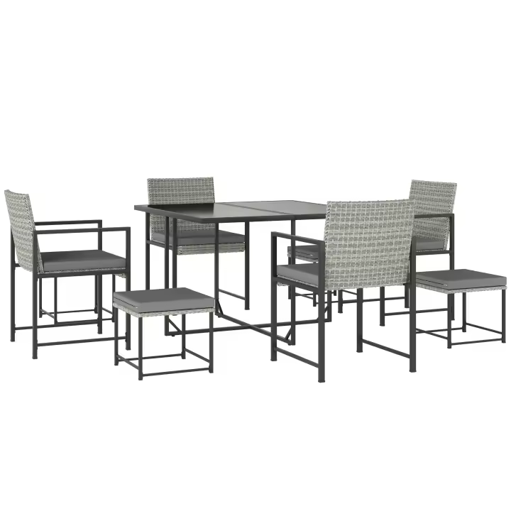 Outsunny Conjunto de Muebles de Jardín Exterior de Ratán de 9 Piezas Conjunto de Jardin Exterior de Ratán Sintético con Mesa con Vidrio Templado 4 Sillas 4 Taburetes Impermeables Cojines Gris - 1