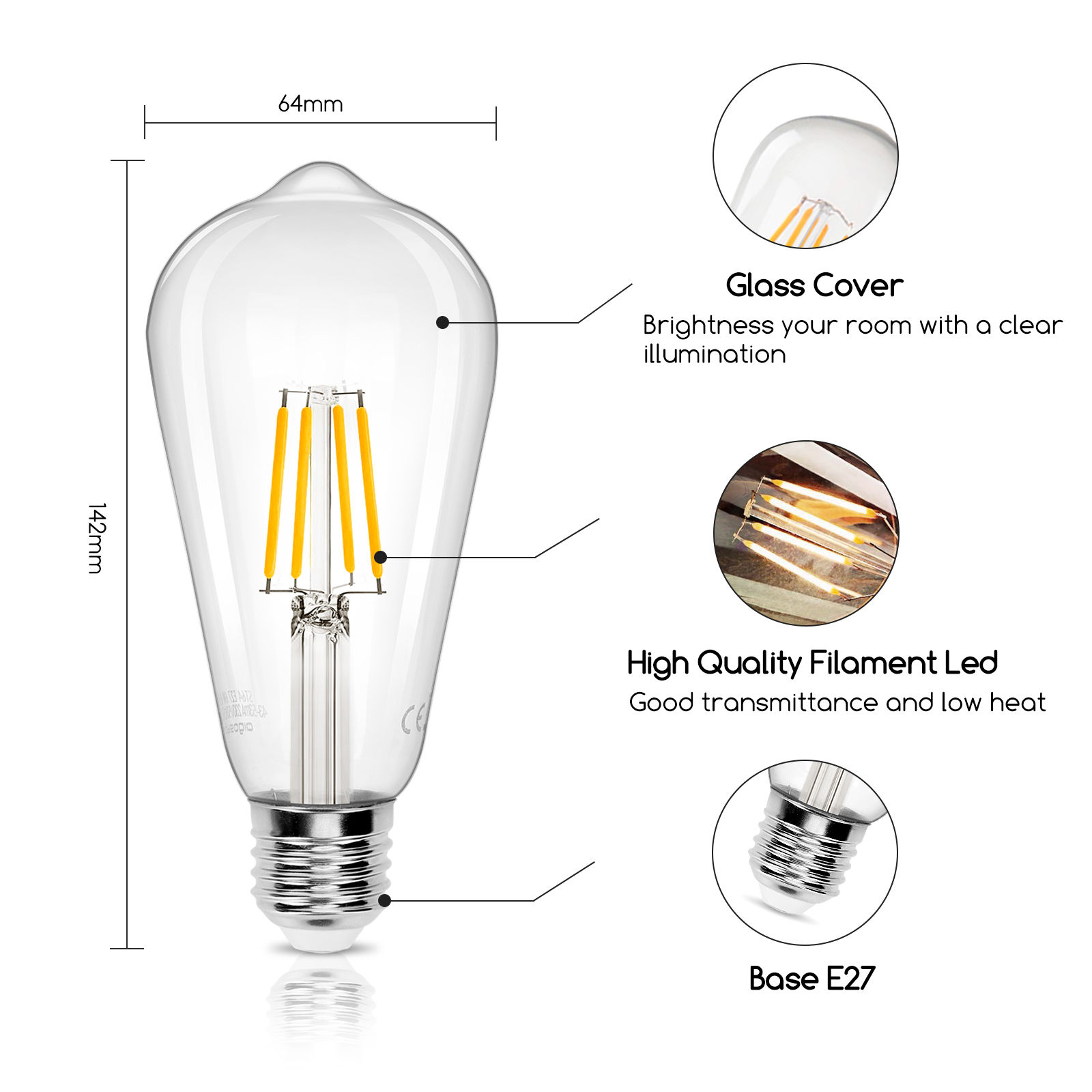 Aigostar ST64 Bombilla LED E27 con Filamento, 2200K/2700K/6500K,4W/6W/8W, No Regulable, Bombillas Decorativas, Paquete De 5 Unidades