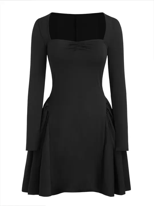 Vestido Mini De Cuello Cuadrado En Color Sólido Con Lazo Y Volante Vestido Pullover Para Primavera/Verano A-Line Natural Cintura - 1