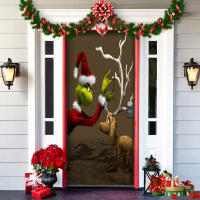 Decoración navideña para puertas, tela de fondo estilo Grinch, cubrepuertas de Navidad, colgante para fiestas de Año Nuevo y tapiz decorativo para puertas--91 cm de ancho x 203 cm de alto (poliéster) - details 5