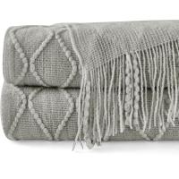 Manta con Borla, 180X127 cm Mantón de Cama,Plaid Cama, Manta con Flecos Suave y Acogedora,Manta de Viaje Ligera, Manta Decorativa para Sofá, Silla, Cama,Manta de Siesta-Gris - details 0
