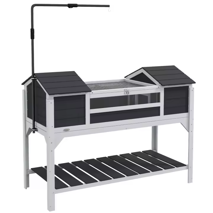 PawHut Casa para tortugas al aire libre, recinto de madera para tortugas, 2 cabañas, soporte de lámpara ajustable, techo que se puede abrir, jaula para tortugas, ventana de acrílico transparente, color gris - 1