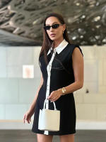 TRAFZA Vestido Mini Para Mujer Sin Mangas Estilo Casual Con Botones Y Patchwork Aline Slim Para Oficina Y Commutación - details 3