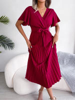 Vestido Maxi Elegante De Cintura Alta Con Volantes Y Mangas De Mariposa Para Mujer Vestido De Fiesta Casual De Polyester - details 2