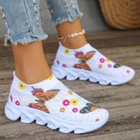 Zapatillas De Mujer Con Estampado De Mariposa Y Cristales Cómodas Y Antideslizantes Talla Grande Blanca Zapatos De Caminar Slip on Con Malla - details 4