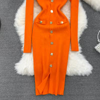 Vestido Midi De Punto REALEFT Para Mujer Con Cuello En V Manga Larga Y Falda Frontal Solta Estilo Casual Color Sólido Otoño Invierno - details 21