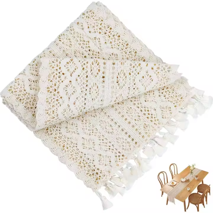 30x120cm Camino de Mesa de Macramé Beige, Camino de Mesa de Encaje Vintage de con Borlas, Camino de Mesa de Ganchillo, Camino de Mesa de Encaje Clásico para Mesa de Comedor de Cocina - 1