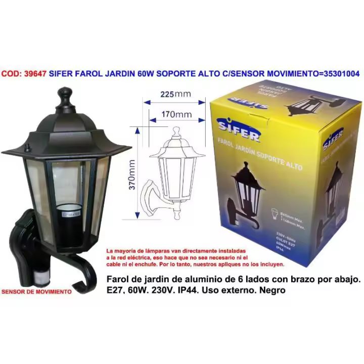 Sifer farol jardin 60w soporte alto c-sensor movimiento 35301004 - 1