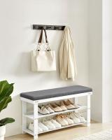 Banco zapatero de bambú blanco de 2 niveles, acolchado gris para sentarse, organizador estable para zapatos, soporta hasta 136 kg, ideal para entrada y sala de estar - details 1