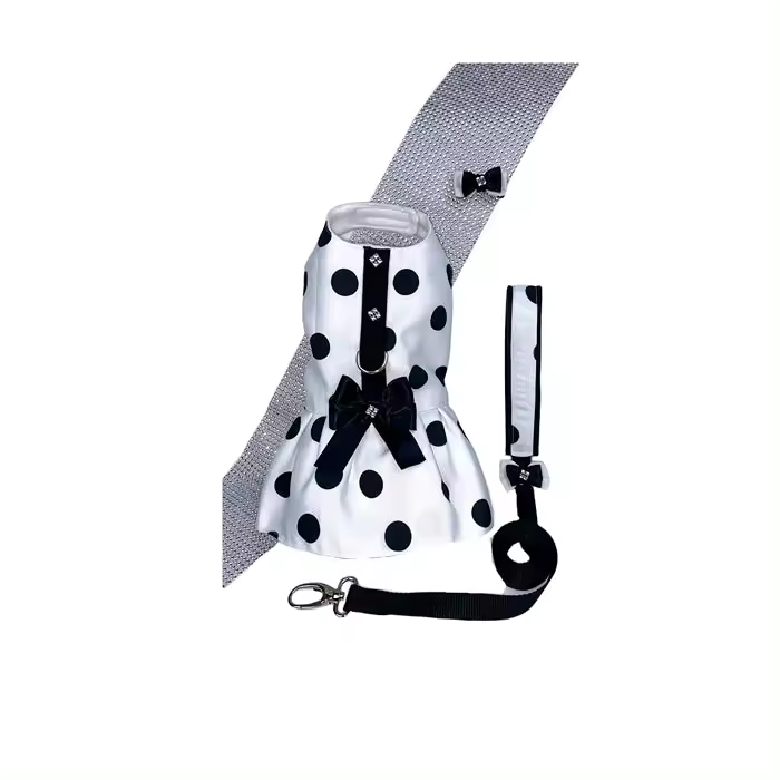 Set de Paseo para Perro Pequeño Lunares - Vestido Blanco con Lunares Negros y Lazo - Enganche para Correa - 1