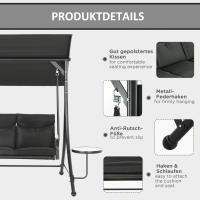 Columbio con Mesa de café, Columbio de Jardín de 3 plazas con Toldo ajustable, Banco de columpio Carga hasta 300 kg, Jardín, Patio, 271X125x177 cm, Negro - details 4