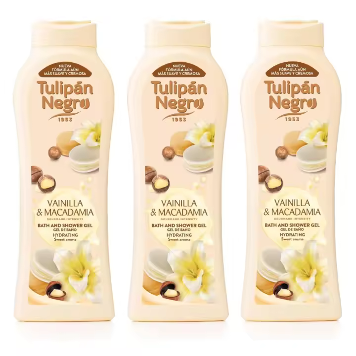 TULIPAN NEGRO, Gel de Baño y Ducha Vainilla Y Macadamia 650ml (Pack de 3x650ml), Tulipán Negro de la Línea Gourmand Intensity, Hidratación y Suavidad para la Piel, Propiedades Humectantes, Fragancia Dulce y Exótica, Olor a Vainilla y Nueces de Macadamia - 1