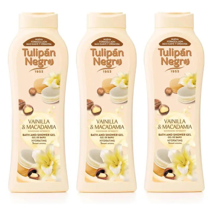 TULIPAN NEGRO, Gel de Baño y Ducha Vainilla Y Macadamia 650ml (Pack de 3x650ml), Tulipán Negro de la Línea Gourmand Intensity, Hidratación y Suavidad para la Piel, Propiedades Humectantes, Fragancia Dulce y Exótica, Olor a Vainilla y Nueces de Macadamia - 1